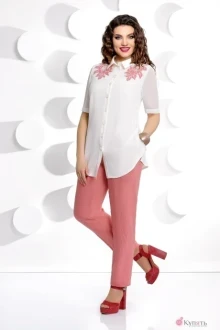 Брючный костюм Мублиз 229 белый+коралл