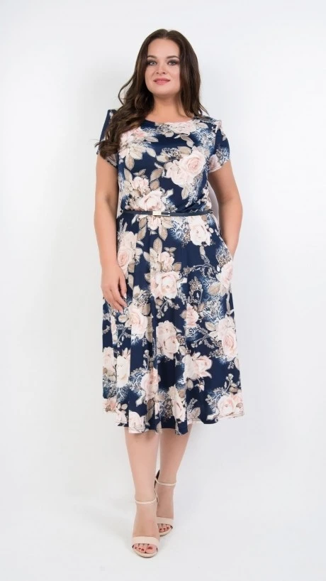 Платье *Распродажа TricoTex Style 14-19 на синем фоне пудровые цветы #1
