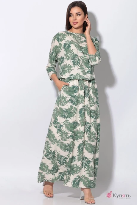 Платье LeNata 11130 зелёные листья на бежевом #1