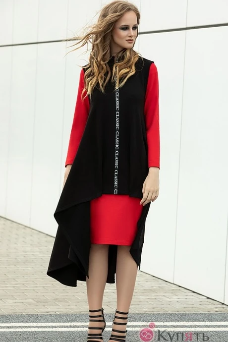 Юбочный костюм Diva 1137 -1 красное платье+черный кардиган #1