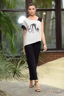 Льняной брючный костюм Галеан-стиль 801