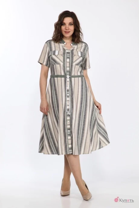 Платье Lady Style Classic 2268 Бежево-серо-зеленые полоски #1