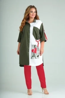 Брючный костюм SandyNa 13591 хаки+красный двойка