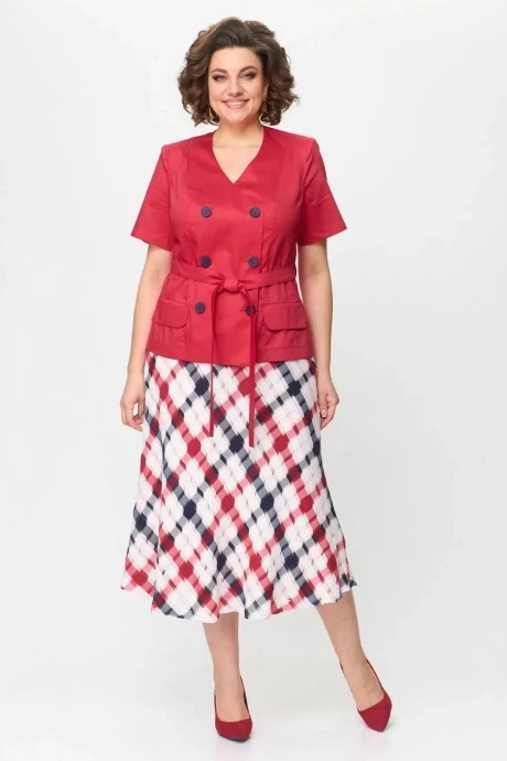 Хлопковый юбочный костюм Anastasia Mak 1176 алый+клетка #1