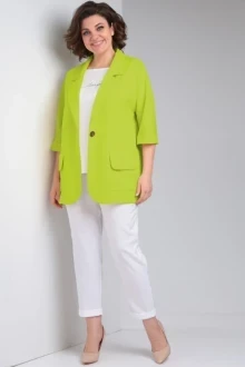 Льняной брючный костюм *Распродажа Ладис Лайн 1487 салатовый + белый