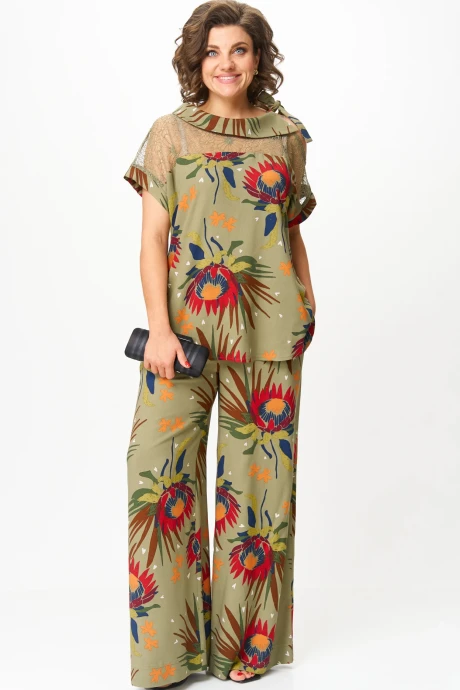 Брючный костюм *Распродажа Michel Chic 1426 хаки_цветы двойка #1