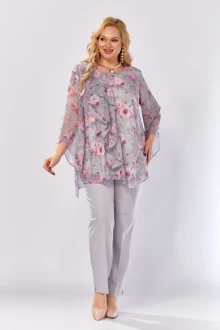 Брючный костюм Элль-стиль 2460 серый, розовый принт