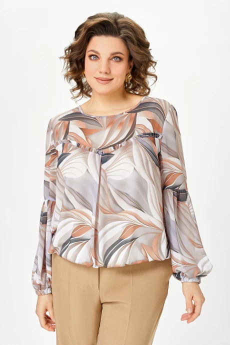 Блузка Swallow 904.1 Цвет- Бежевый принт зелено-коричневые листья #1