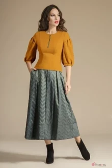 Юбочный костюм Teffi Style 1242 горчица+зеленый
