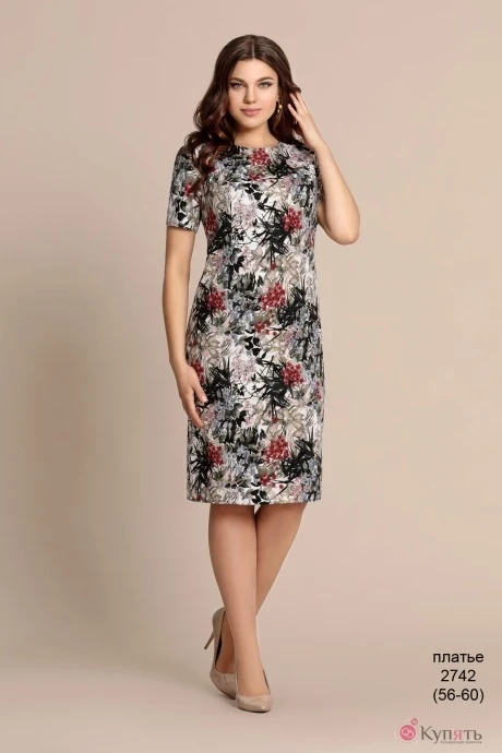 Платье Elza 2742 зеленые тона с бордовыми цветами #1
